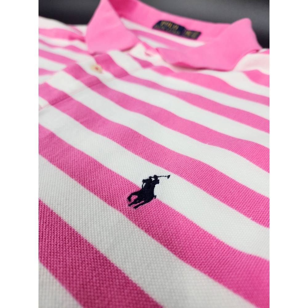 Polo Ralph Lauren Mens 2XLT Pink White Striped Short Sleeve Pique Polo Shirt